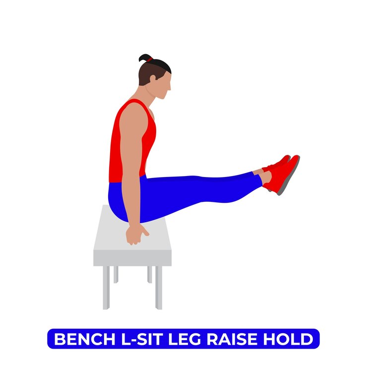 Hombre vectorial haciendo banco L sentarse levantar la pierna sostener el peso corporal fitness estático ejercicio de entrenamiento ABS