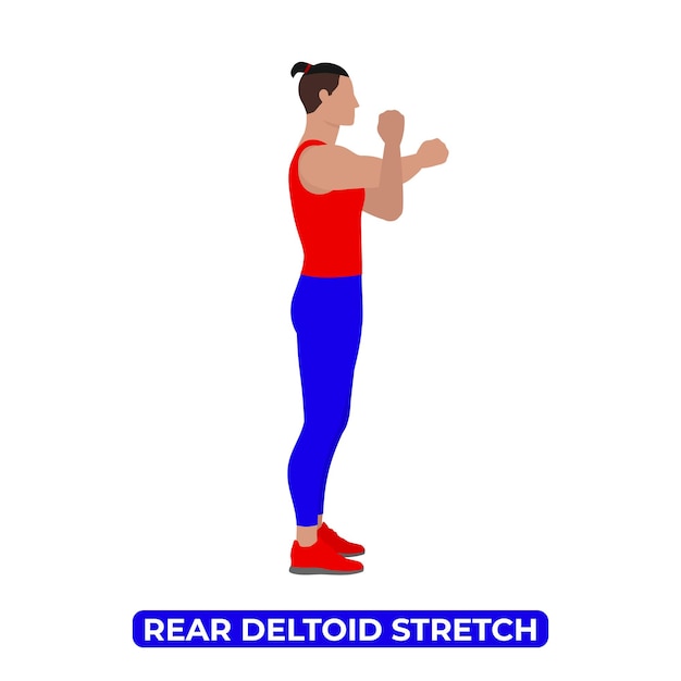 Hombre vectorial haciendo estiramiento del hombro deltoide trasero alcance transversal del cuerpo Ilustración educativa
