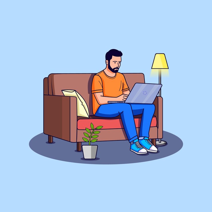 Vector hombre vectorial trabajando en una computadora portátil sentado en una ilustración de sofá