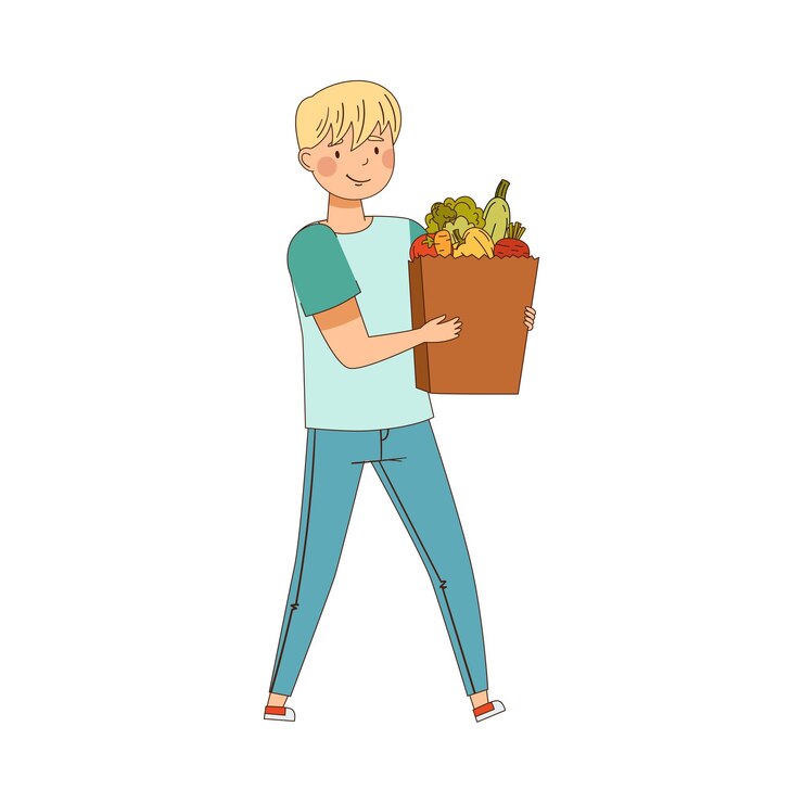 Vector hombre vegetariano comprando en una tienda de verduras llevando una bolsa de compras con ilustraciones vectoriales de verduras frescas
