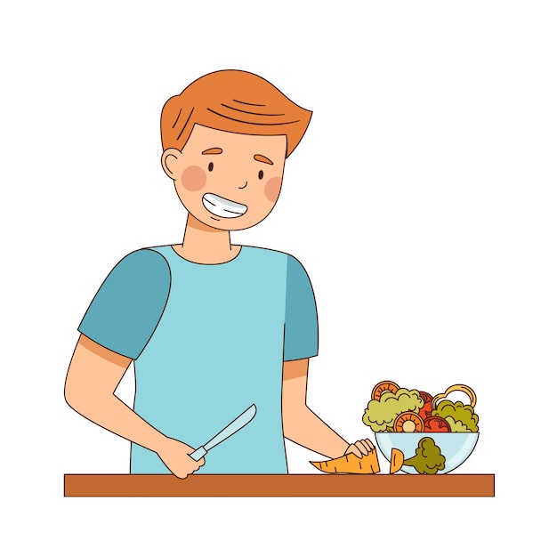 Hombre vegetariano en la mesa cortando verduras crudas con un cuchillo cocinando ensalada Ilustración vectorial