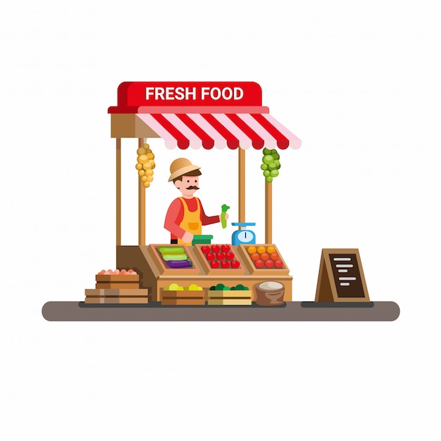 Vector hombre vendiendo frutas y verduras frescas en el mercado de madera tradicional puesto de comida. vector de ilustración plana de dibujos animados aislado