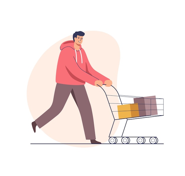 Hombre de ventas de supermercado haciendo compras para vacaciones empujando carrito de compras