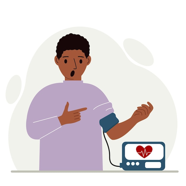 Vector el hombre verifica el concepto de salud de la presión arterial medición de la presión arterial tonómetro digital monitoreo de la salud