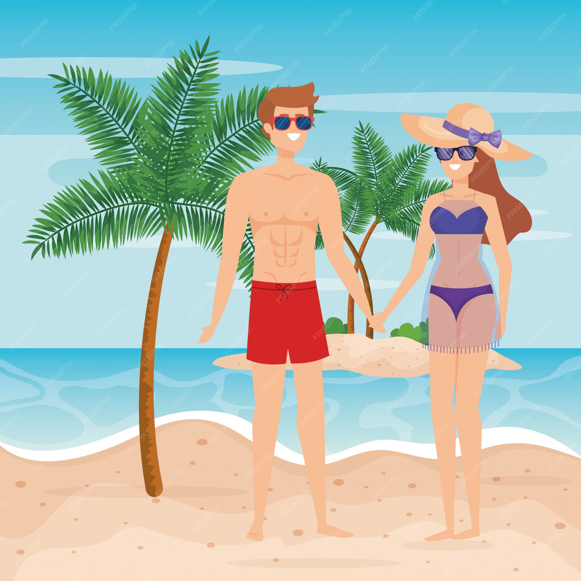 Goneryl Temblar Oclusión Hombre vestido con bañador y mujer con traje de baño y gafas de sol |  Vector Premium