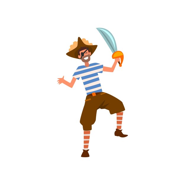 Hombre vestido con un disfraz de pirata en una fiesta de carnaval, una mascarada, un vector de dibujos animados, una ilustración aislada sobre un fondo blanco.