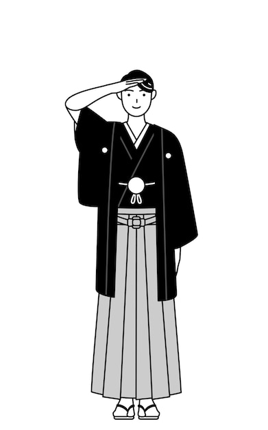 Hombre vestido con Hakama con cresta haciendo un saludo