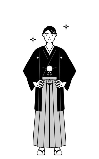 Hombre vestido con Hakama con cresta con las manos en las caderas