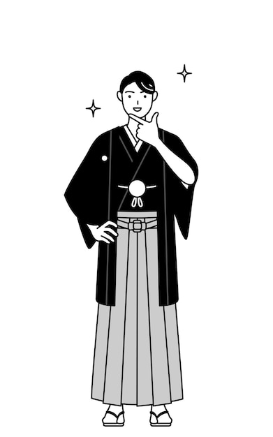 Hombre vestido con Hakama con cresta en una pose segura