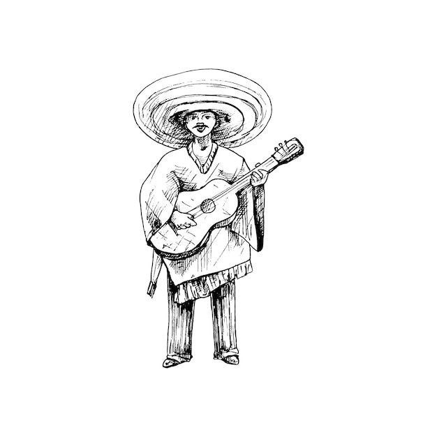 Hombre vestido con poncho tradicional mexicano y sombrero tocando la guitarra Eclosión de vector vintage