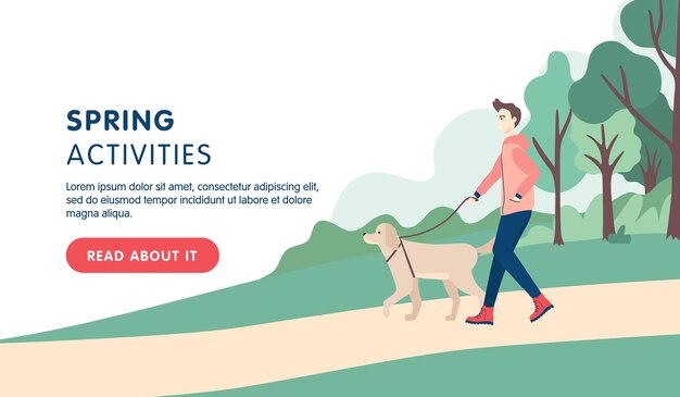Hombre vestido con ropa deportiva y caminando con un perro en el parque Diseño de página de inicio del sitio de banner