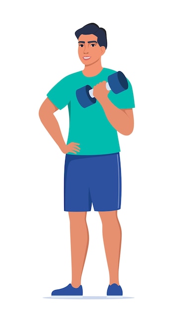 Vector hombre vestido con ropa deportiva hace ejercicios con pesas ilustración vectorial