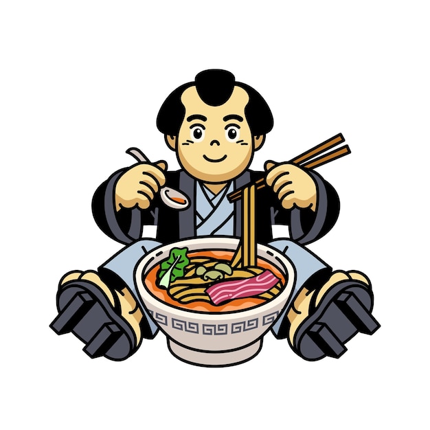 Hombre vestido tradicional japonés comiendo fideos ramen