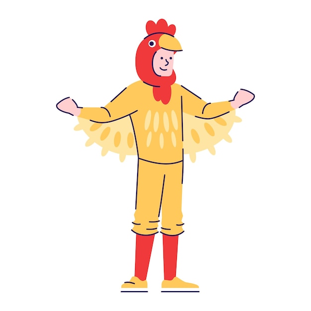 Hombre vestido con traje de gallo ilustración vectorial plana. Personaje de dibujos animados con elementos de contorno aislados sobre fondo blanco. Traje de carnaval de pollo. Persona disfrazada de animal para Halloween