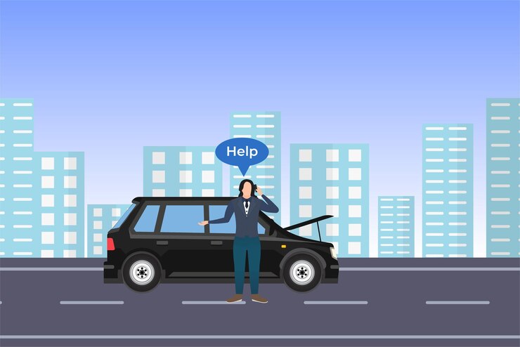 Vector un hombre vestido con un traje que pide ayuda en su móvil para un automóvil roto un automóvil se rompió en medio de una vía urbana y el hombre de negocios pidió ayuda un automóvil negro con un diseño de personaje plano de hombre de pelo largo
