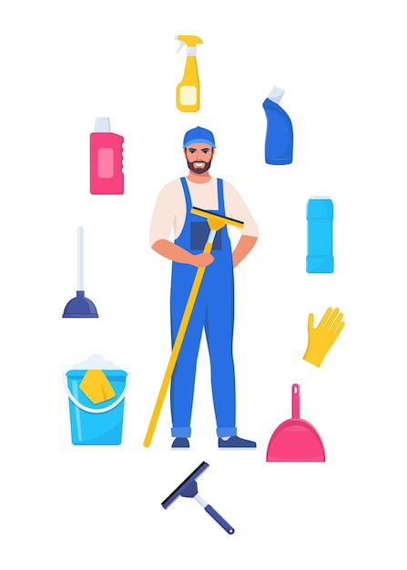 Hombre vestido de uniforme con trapeador Trabajador del servicio de limpieza Herramientas de limpieza y detergente