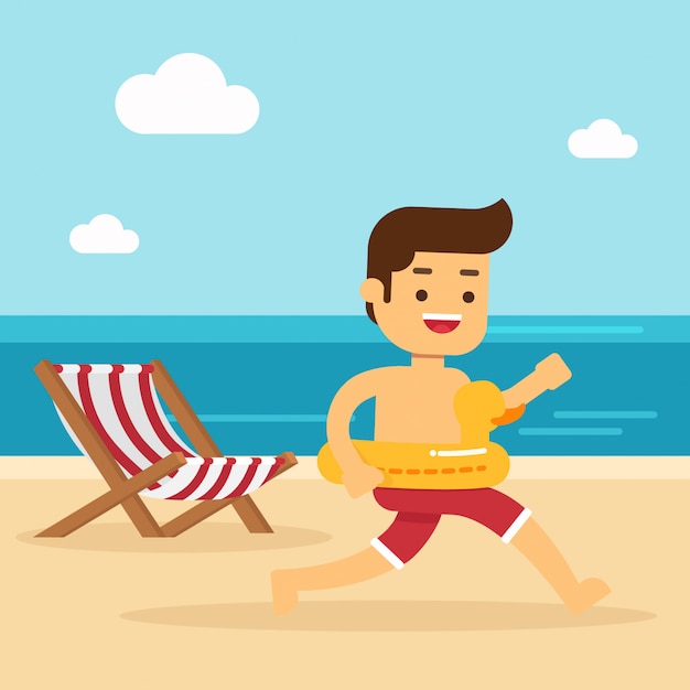El hombre va a viajar en vacaciones de verano, hombre feliz corriendo en la playa