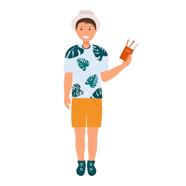 Hombre de viaje con sombrero con boletos en la mano ilustración vectorial