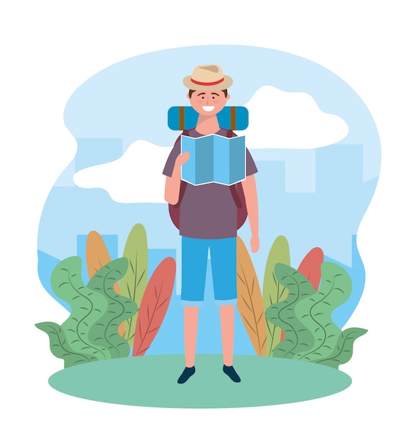 Vector hombre de viaje con sombrero con mapa global y mochila