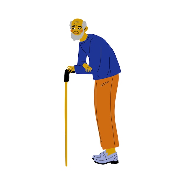 Hombre viejo barbudo caminando con una ilustración vectorial de bastón en fondo blanco