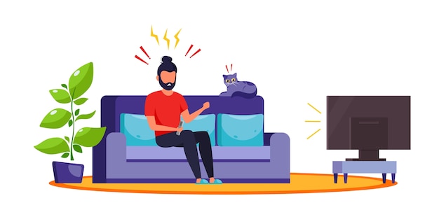 Hombre viendo noticias en la televisión. Contenido de choque, noticias falsas. La emoción del shock, la sorpresa. ilustración en estilo plano.