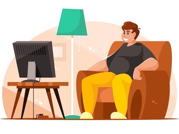 Un hombre viendo la televisión mientras está sentado en una silla Gráficos vectoriales de dibujos animados