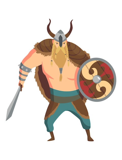 Hombre vikingo con casco con cuernos, espada y escudo. Hombre barbudo guerrero o héroe de leyendas escandinavas. Personaje de historia bárbaro de dibujos animados con arma.