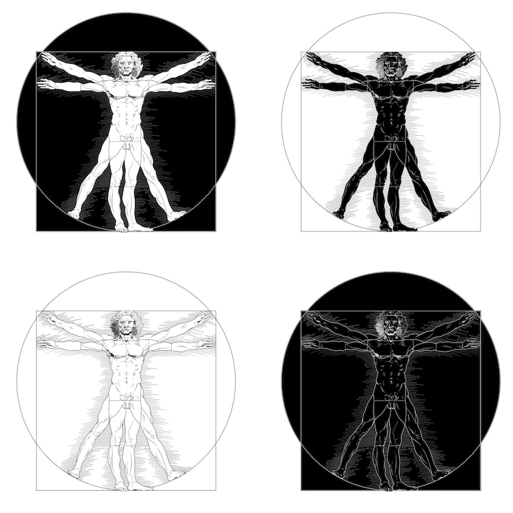 Vector hombre de vitruvio en blanco y negro