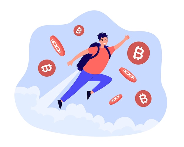 Hombre volando en cohete en mochila hacia el cielo con bitcoins. Persona que invierte en la ilustración de vector plano de moneda criptográfica. Concepto de inicio de criptomonedas para banner, diseño de sitios web o página web de destino