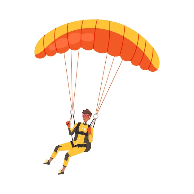 Hombre volando en parapente descendiendo usando la ilustración vectorial del paracaídas