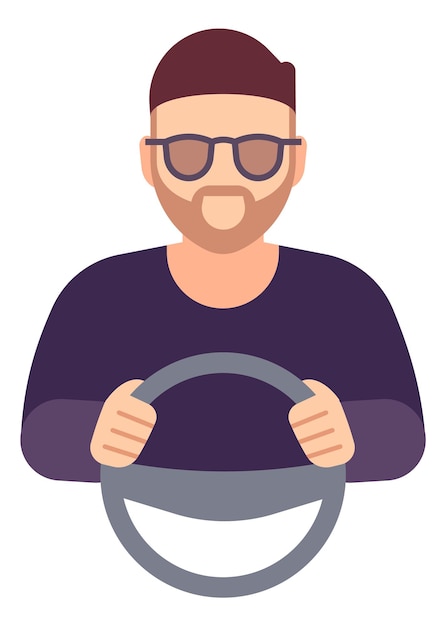 Hombre con volante. Avatar del conductor. Carácter de chofer