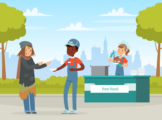 Hombre voluntario dando comida gratis a una mujer sin hogar Ilustración vectorial