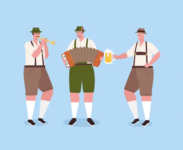 Hombres alemanes en traje nacional con instrumentos musicales y jarra de cerveza para la celebración del festival oktoberfest, diseño de ilustraciones vectoriales