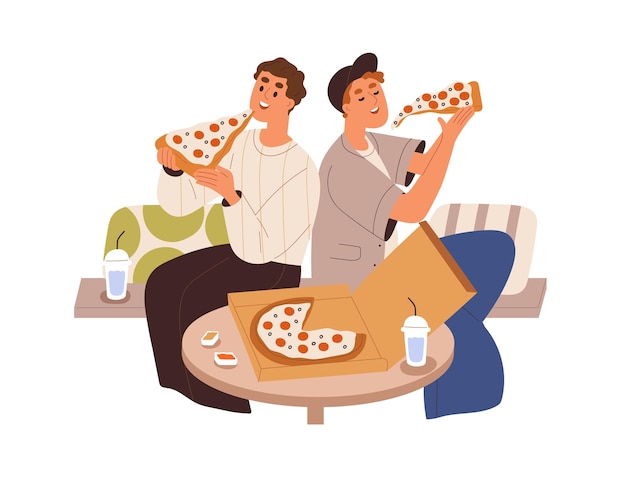 Vector hombres amigos comiendo pizza juntos, sentados a la mesa en una pizzería. pareja de chicos happu disfrutando de comida rápida, relajante. gente y caja de comida rápida para llevar. ilustración de vector plano aislado sobre fondo blanco