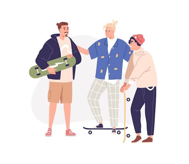 Hombres amigos con patinetas. Chicos modernos amigos skaters con tablas de skate en el ocio. Amistad y actividad deportiva urbana. Ilustración de vector gráfico plano aislado sobre fondo blanco