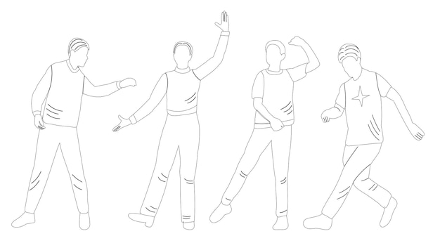 Hombres bailando doodle boceto contorno vector aislado