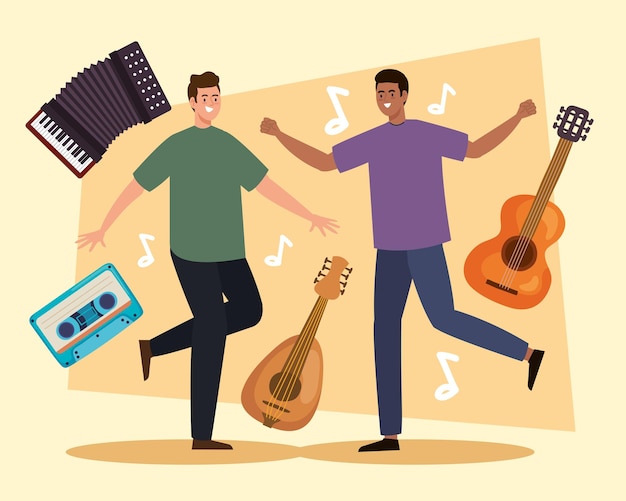 Vector hombres bailando e instrumentos.