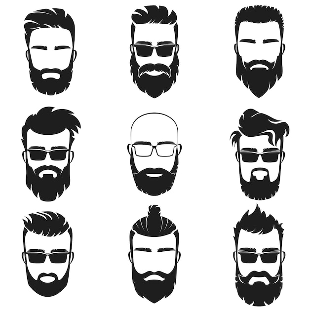 Los hombres barbudos con estilo hipster se enfrentan al emblema del logotipo con diferentes estilos de cortes de pelo