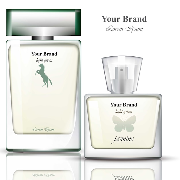 Hombres botellas de perfume realistas. envasado de productos para marcas, publicidad, anuncios