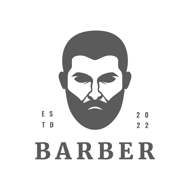 Hombres cabeza cara barbudo fresco barbería logo diseño elegante salón corte de pelo ilustración vector