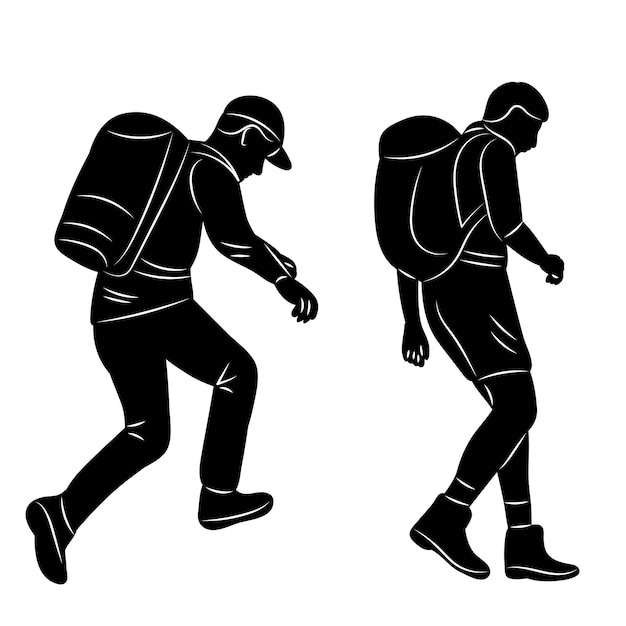 hombres caminando con mochilas vector silueta