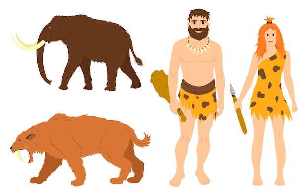 Vector hombres de las cavernas y animales antiguos