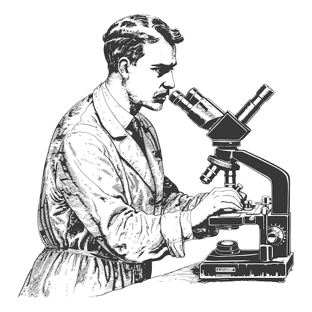 hombres científicos mirando a través del microscopio con estilo de grabado