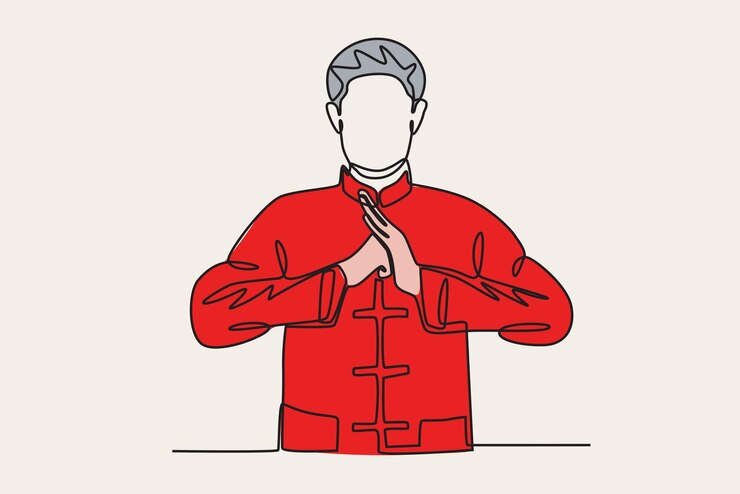 Vector hombres de color dan saludos en el año nuevo chino dibujo en línea del año nuevo chino