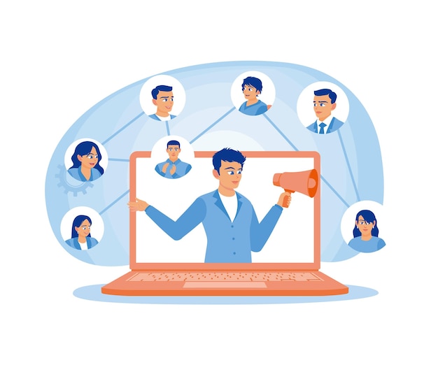 Los hombres comparten información de asociación de afiliados y ganan dinero Marketing de redes sociales Concepto de referencia de trabajo Ilustración vectorial plana