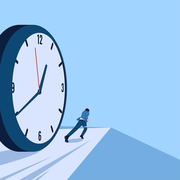 Vector los hombres corren por delante de un reloj rodante una metáfora para una carrera contra el tiempo ilustración conceptual plana simple