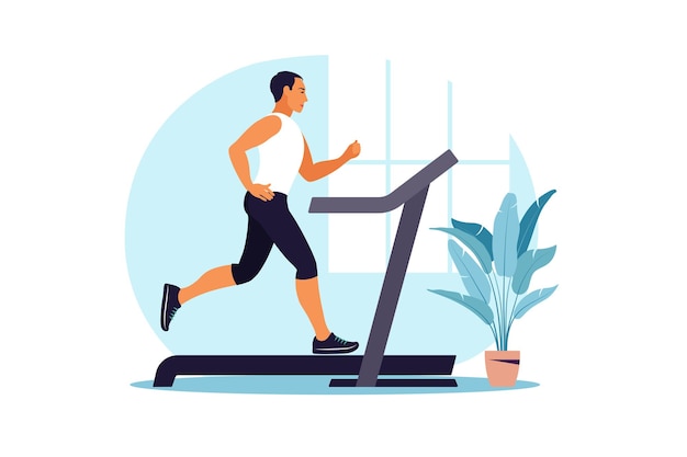 Hombres corriendo en una cinta en casa. Concepto de estilo de vida saludable. Entrenamiento deportivo. Aptitud física.