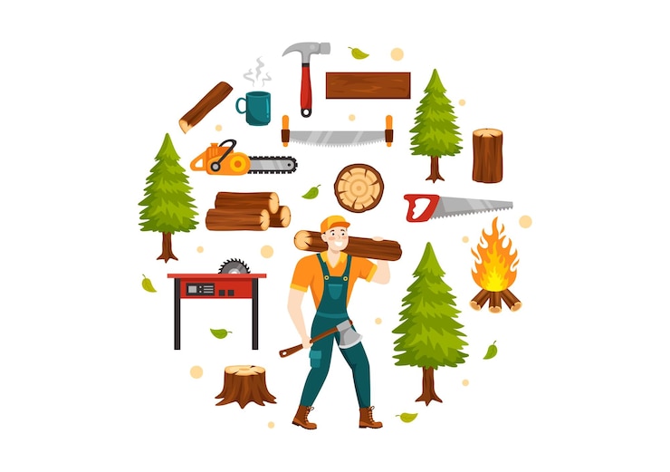 Vector hombres cortando madera y cortando árboles ilustración con equipos de trabajo de leñador máquinas o motosierras