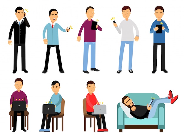 Hombres con diferentes dispositivos configurados, personas que usan dispositivos electrónicos en diferentes situaciones.