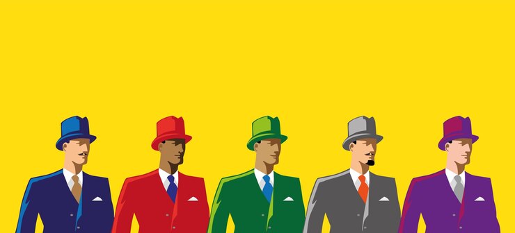 Vector hombres de diferentes razas, con elegantes trajes de distintos colores y sombreros. vectores de estilo retro